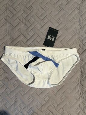 N2N Bodywear White Bikini swim Brief with Blue & Black Accents